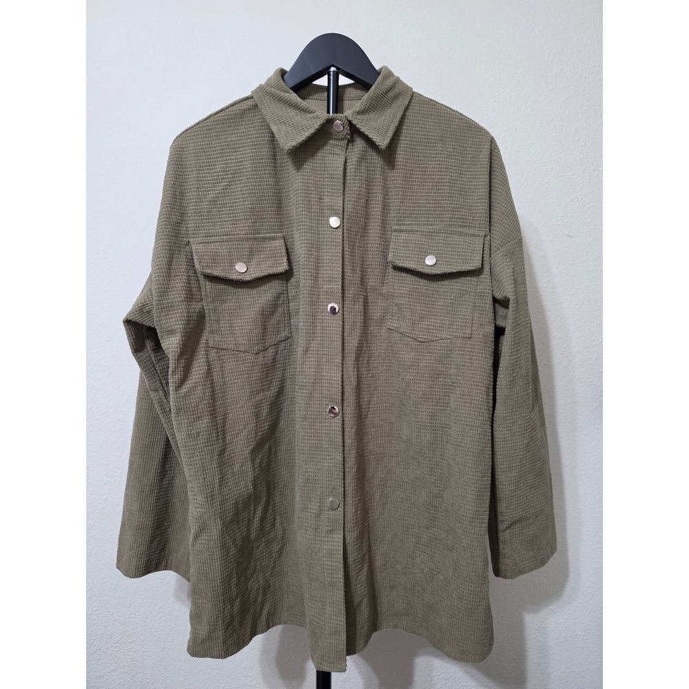 Olive Green Waffle Corduroy Shacket Button Down Long Sleeve Shirt Jacket 2XL